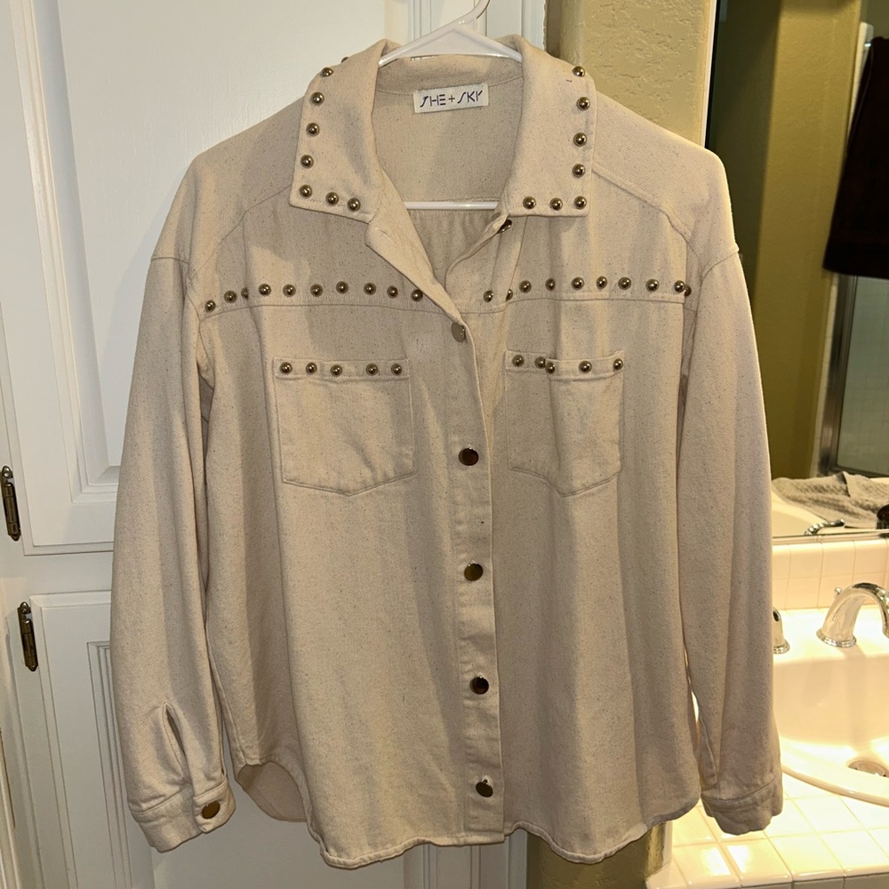 She + Sky Beige Studded Collar Flannel Shirt